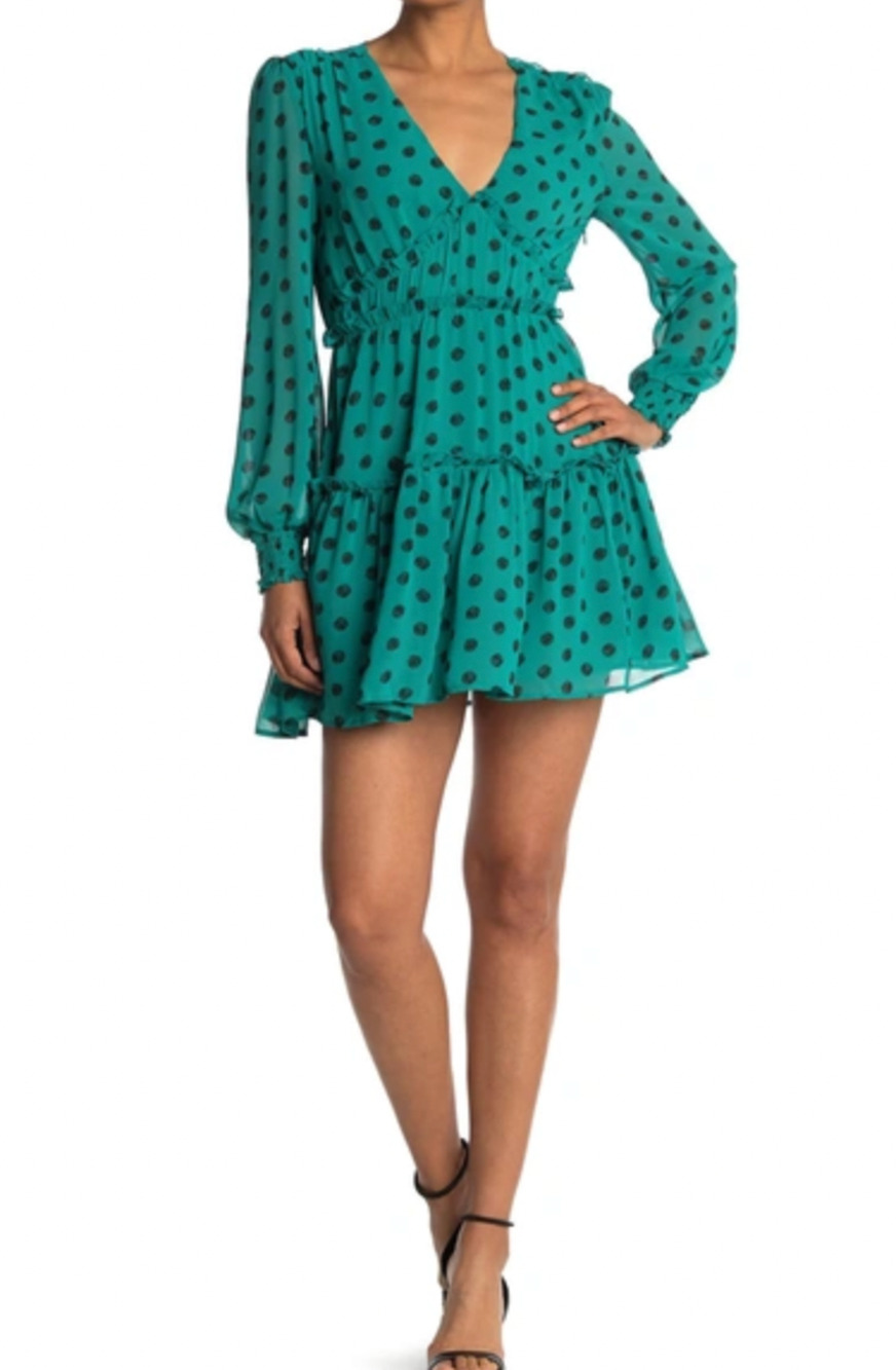 One One Six Polka Dot Dress Womens Medium Green Ruffle V Neck Teal Black Tiered